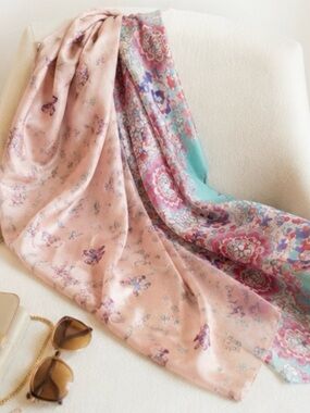 100% Silk Floral Scarf Mint Lightweight Women’s